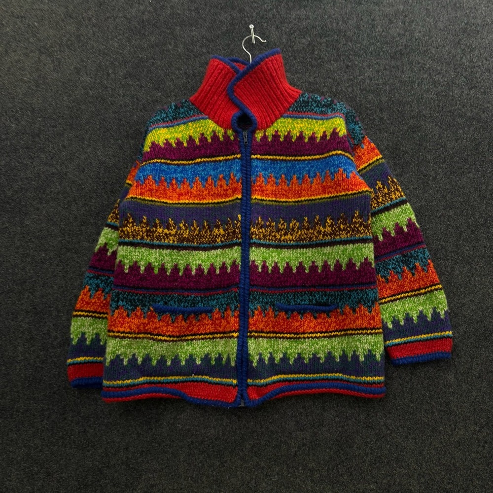 Vintage Cowichan Hand Knit 100% Wool Zip Up Cardigan Sweater Multi Color XL